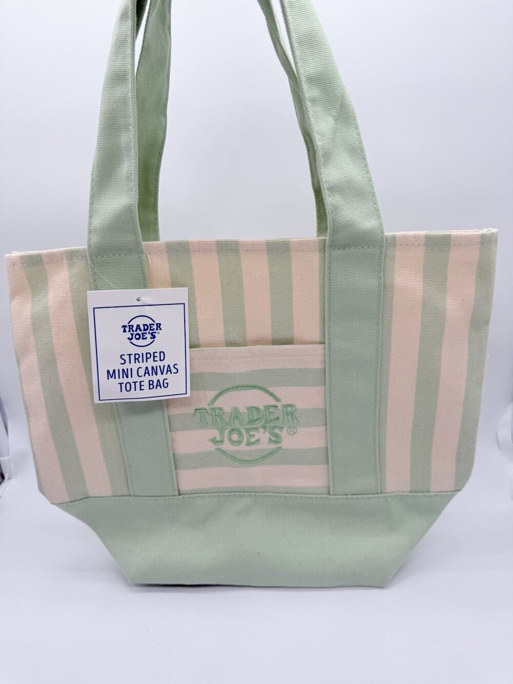 NWT Trader Joe's Limited Mini Canvas Pastel Striped Tote Bag 2026 Green Color